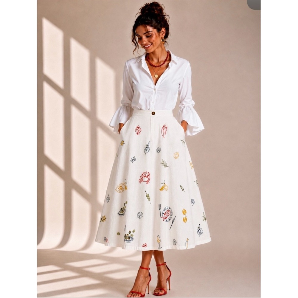 Caroline Constas Embroidered Seafood Midi Skirt White Linen Blend Size 4 NEW